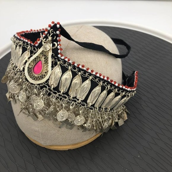 Afghan Ethnic Headpiece With Pink Glass Teardrop Centre, Turkmen Matha Patti main image 5